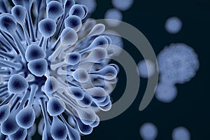 3D graphics, illustration of viruses and bacteria in the blood under a microscope. Danger of infection with new viruses