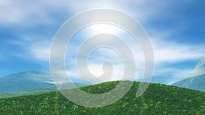 3D grassy landscape with low clouds