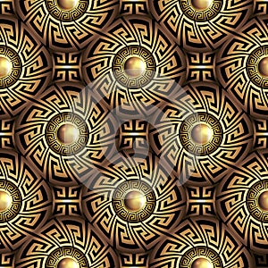 3d Greek key meander gold seamless pattern. Vector abstract geometric background. Vintage ancient greek ornamental frames with