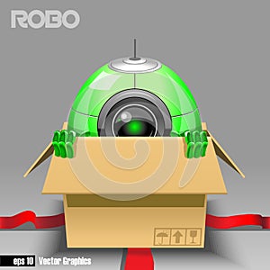 3d green robo eyeborg exiting from a brown box photo