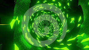 3D green Sci-Fi tech tunnel, loopable motion background. Design. Moving inside glowing endless scientific corridor.