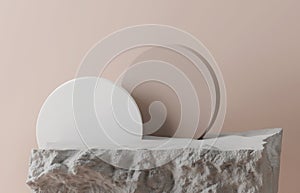 3D grey stone display podium. White, gray rock pedestal and pastel beige trendy mockup background. Beauty art deco abstract.