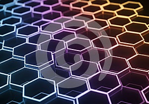 3D grid, illuminated with a gradient of colors ranging from blue to