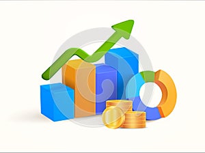 3d growing bar char, line chart with arrow, pie or wheel chart, stacks of coins, isolated on white background. Banner