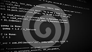 3D Hacking code data flow stream on black. Screen with typing coding symbols