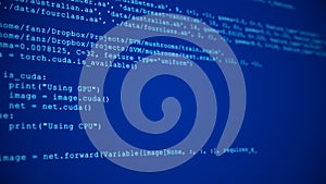 3D Hacking code data flow stream on blue. Screen with typing coding symbols