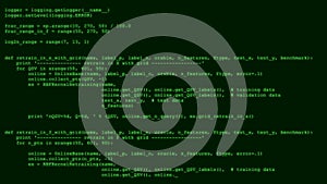 3D Hacking code data flow stream on green. Screen with typing coding symbols