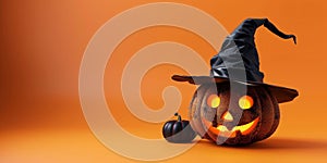 3D Halloween Pumpkin with Hat on Solid Background