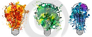 Colorful splash watercolor isolated on lightbulb shape