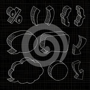 3D hand drawn notations and dialog boxes in black background. photo