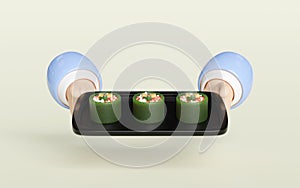 3d hand hold salmon onigiri sushi on food tray, japanese food isolated concept, 3d render illustration