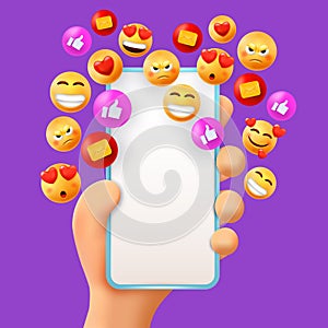 3d hand hold smartphone with smiling emoji. Likes for social media profile, network online messages, socialisation group photo