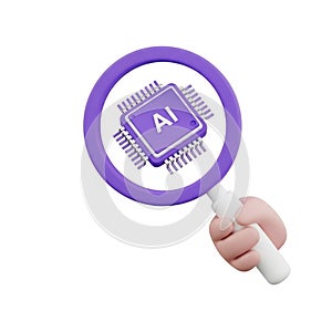 3D Hand Holding Magnifying Glass Over AI Chip on White Background artificial intelligence