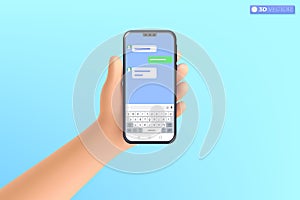 3d hand holding mobile phone chat application icon symbol. Chatting message, QWERTY, Speech bubble, Instant messenger template