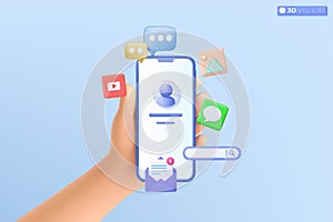 3d hand holding mobile phone social media icon symbol. video and photo gallery, email, Speech bubble, Instant messenger template