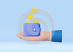3D Hand holding wallet, coin stack.