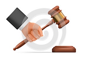 3d hand of judge with gavel, arm of lawyer holding hammer on auction or court hearing