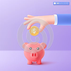 3d hand and piggy bank icon symbol. profit and growth, dollar gold coin. money storage, financial, Money creative business concept
