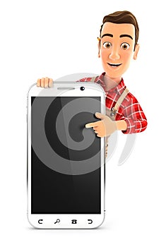 3d handyman pointing to blank smartphone photo