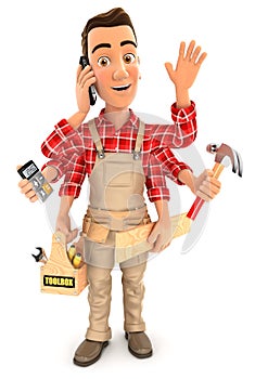 3d handyman with six arms multitasking concept photo