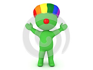 3D Happy green clown with rainbow wig and red nose