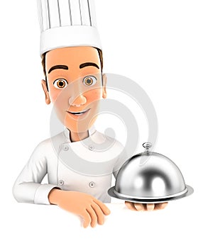 3d head chef holding restaurant cloche photo