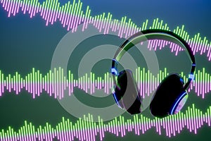 3d headphone with sound wave on blue background 3D render