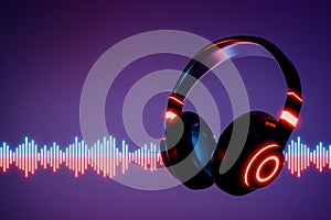 3d headphone with sound wave on blue background 3D render