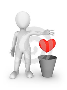 3d heartless man throws heart into a trash. photo