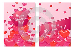 3d hearts cards. Valentine day, love realistic banners. Flying pink red heart, romantic brochure for gift. Promotion