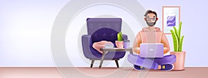 3D home office background, vector cartoon remote freelancer concept, smiling male character, room.