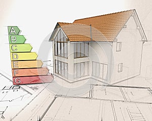 3D house and energy ratings with half in sketch phase photo