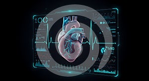 3D Human Heart Model Displayed on Futuristic Interface with Vital Signs