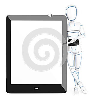 3D Humanoid robot leaning on a huge tablet with blank screen photo