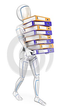 3D Humanoid robot loading with many ring binders. Work overload photo