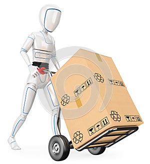 3D Humanoid robot pushing a cart with cardboard boxes photo
