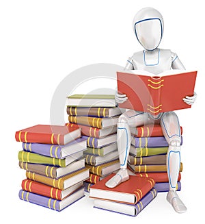 3D Humanoid robot sitting on a pile of book reading photo
