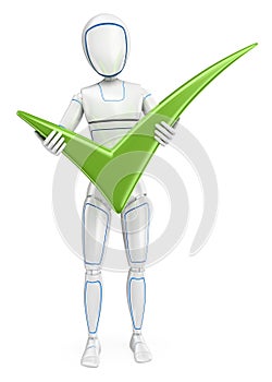 3D Humanoid robot standing with a big green tick photo