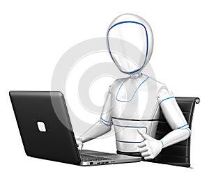 3D Humanoid robot working with a laptop and thumb up photo