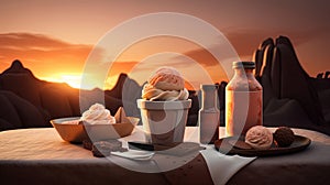 3D ice cream dessert illustration set against a stunning desert sunset