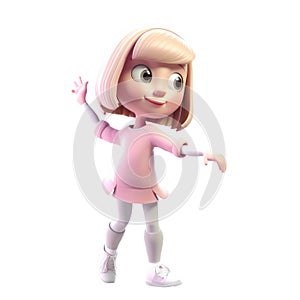 3D icon avatar illustration of cute smiling happy baby girl. Cartoon close up portrait of dancing kid on isolated on transparent