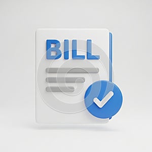 3D Icon of a Bill Document with a Blue Checkmark Symbol invoice payment