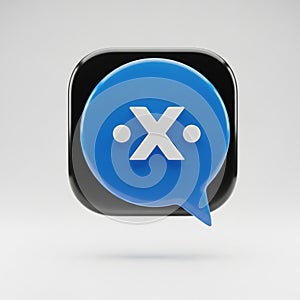 3D Icon of a Blue Speech Bubble with White ' X' Symbol and Dots on Black Square chat