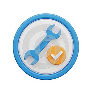 3D icon of a blue wrench and a white checkmark inside a blue and white circle spanner