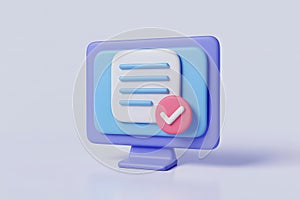 3D Icon of a Computer Screen with a Document and Checkmark