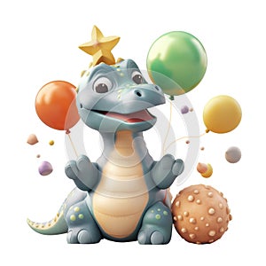 3d icon cute Dino Funny green Dinosaur with cap and balls happy Birthday party illustration in cartoon style on Isolated