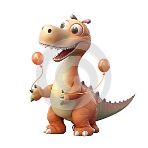 3d icon cute Dino Funny orange dinosaur Dinosaur with cap and balls happy Birthday party illustration in cartoon style on Isolated