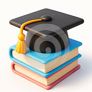3D icon of Graduation cap on stack of books isolated on white background, academic achievement