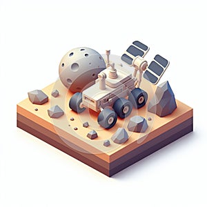 3D icon of a mars rover and an asteroid in isometric style on a white background