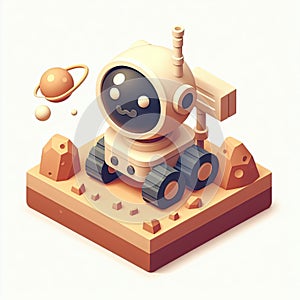 3D icon of a mars rover and an asteroid in isometric style on a white background